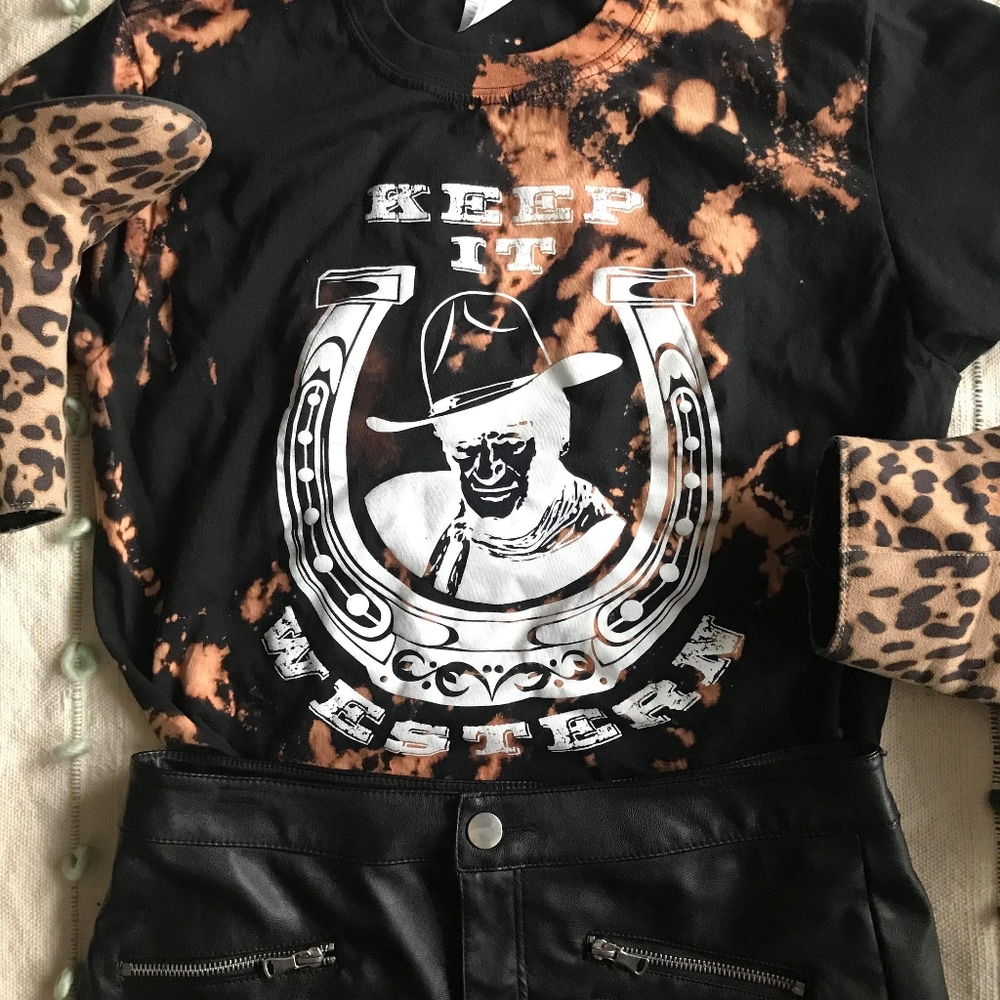 Keep It Western Black Bleach Splatter Graphic Tee NWOT